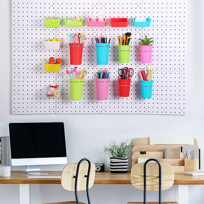 64 Pieces Pegboard Bins Pegboard Cups with Hooks and Loops Peg Hooks Assortment Organizer Accessory for Organizing Accessories Tools Storage Office Workshop Garage Workbench (Colorful)