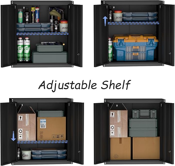 Metal Garage Wall Cabinet, Metal Wall Mounted Storage Cabinets with Lockable Doors and Adjustable Shelves, Floating Tool Cabinet for Garage, Home Office, Kitchen,Black