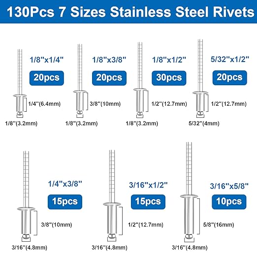 240pcs Steel Rivets with Washers 7-Sizes 304 Stainless Steel Pop Rivets Assortment Kit 1/8",5/32",3/16" for Metal,Furniture,Automotive,Instruments