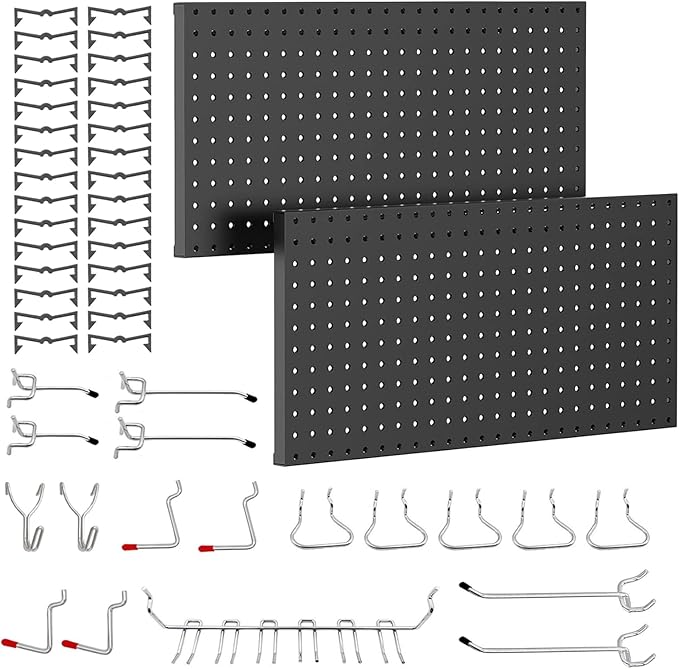 2 PCS Metal Pegboard Wall Storage Shelves 24x12 Inches with 50 PCS Pegboard System for Garage Organization Black Pegboard Hooks for Efficient Tool Storage and Workbench Organization（black）