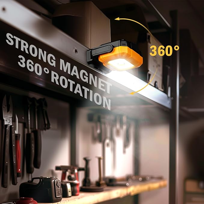2Pack Magnetic Work Light, 1200LM COB LED Rechargeable Work Light with 15 Lighting Modes, 360°Rotatable Flood Lights for Car Repairing, Job Site Lighting Emergency Outdoor Camping Hiking