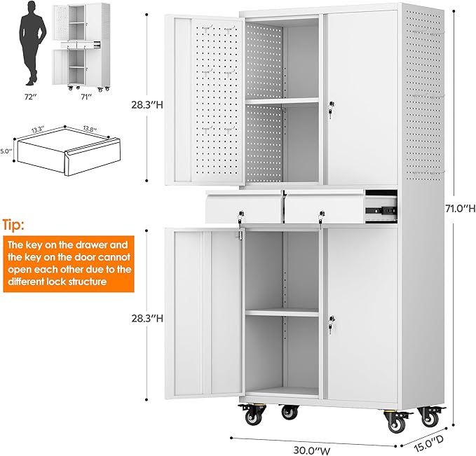 71" H Metal Garage Storage Cabinet with Wheels and Doors,Rolling Tool Cabinet with Pegboard and 2 Lockable Drawer for Garage Warehouse Home,Required Assembly,White