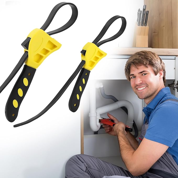 QWORK Strap Wrench Set, 2 Piece Adjustable Rubber 24" & 19.7" Reinforced Belts, Jar Opener for Weak Hands