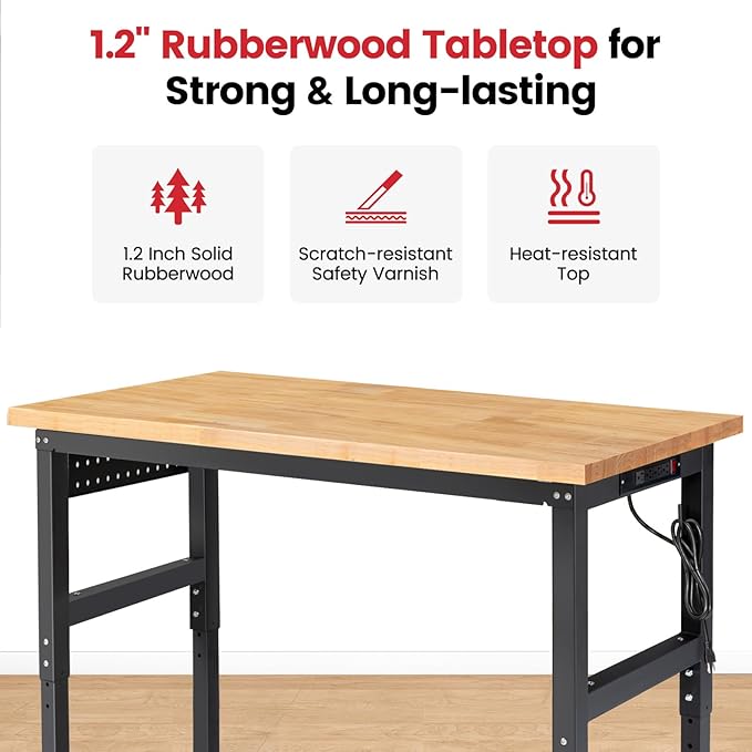 Work Bench for Garage Workbench Adjustable Height Work Table with Pegboard for Shop Woodworking, 60 x 22 Heavy Duty Rubber Wood Top for Office, Home, Commercial