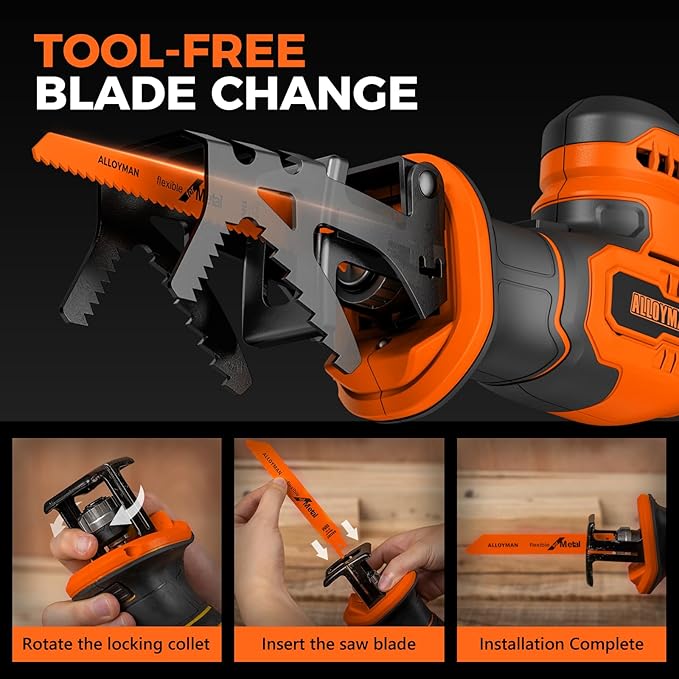 Alloyman Reciprocating Saw, 20V Cordless Battery Power Saw, with 2 X 2.0Ah Batteries & Charger, 0-3500 SPM Variable Speed, Tool-Free Change, 5 PCS Blades for Wood Metal PVC Pipe Tree Cutting