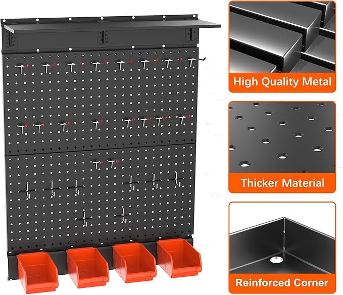 TORACK Garage Metal Pegboard with Accessories, Tools Organizer Peg Board with Pegboard Hooks, Bins, Tool Storage Pegboards for Wall(Black)