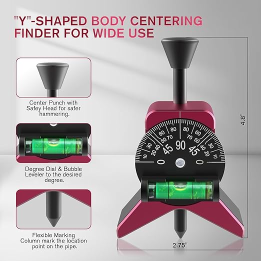 Magnetic Pipe Center Finder Tool, Y-Shape Pipefitter Gauge with Adjustable Dial Bubble Protractor, Fits 1-1/2" to 6" Pipes, 2.75" Centering Head for Accurate Pipe Layout