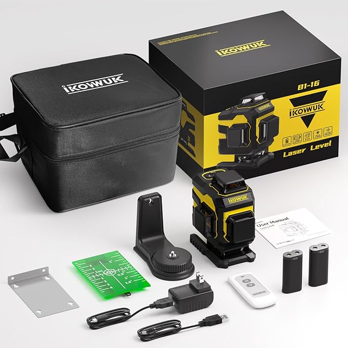 IKOVWUK 4x360° Laser Level, Self-leveling Tool for Construction, Tiling Floor & Picture Hanging, 4D Cross Line Laser Level with Remote Control, 16 Lines Vertical/Horizontal level with 2*4 Ah Battery