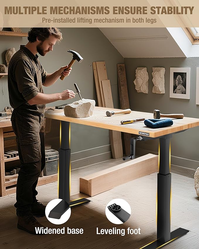 WORKPRO Adjustable Workbench with Crank Handle, 47.2" x 23.6" Rubber Wood Worktable 300LBS Load Capacity,Height-Adjustable Standing Desk for Workshop, Garage