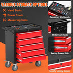 5 Drawers Rolling Tool Chest, Large Capacity Metal Tool Box with Wheels and Drawers, Tool Storage Cabinet with Keyed Locking, Tool Organizer Box for Garage, Workshop, Warehouse (Black Red)