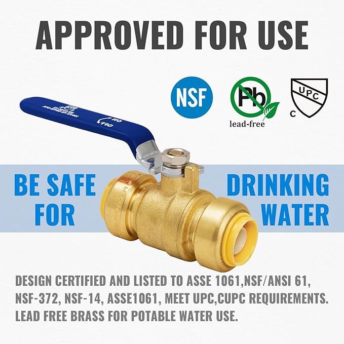 Shut Off Ball Valve 1 Inch, SUNGATOR 1 Inch Ball Valve, Push-to-Connect Water Shutoff wsith Blule Handle, No Lead Brass Plumbing Fittings for PEX Pipe, Copper, CPVC, Pack of 2