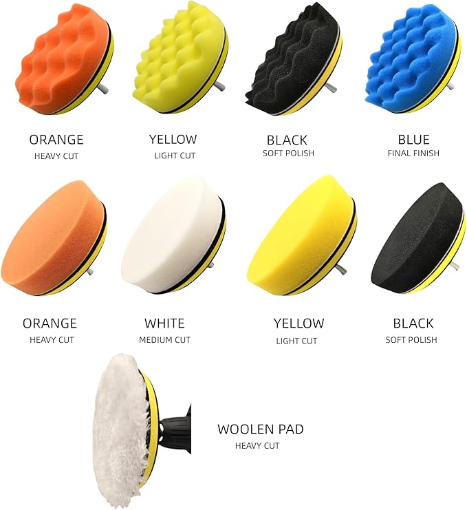 10Pcs 5Inch Face Backing Plate Compound Buffing Polishing Sponge Pads Waffle Foam Buffing Polishing Pads Kit with Woolen Cutting Pad and 5Inch Backing Plate M10 Drill Adapter