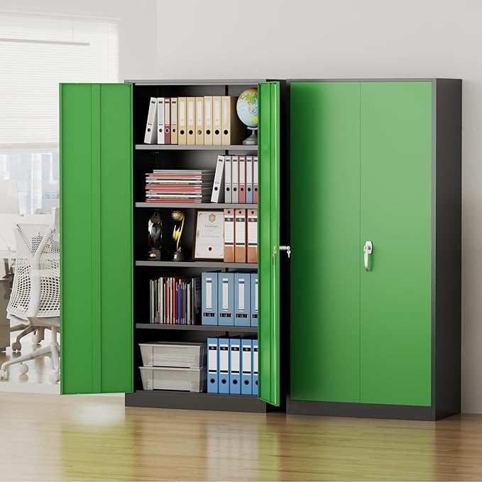 Pataku Metal Storage Cabinet, 72" Garage Cabinet with Doors and Shelves Lockable Steel Multifunctional Cabinets, File Cabinets for Home, Office, Warehouse(Black Green)