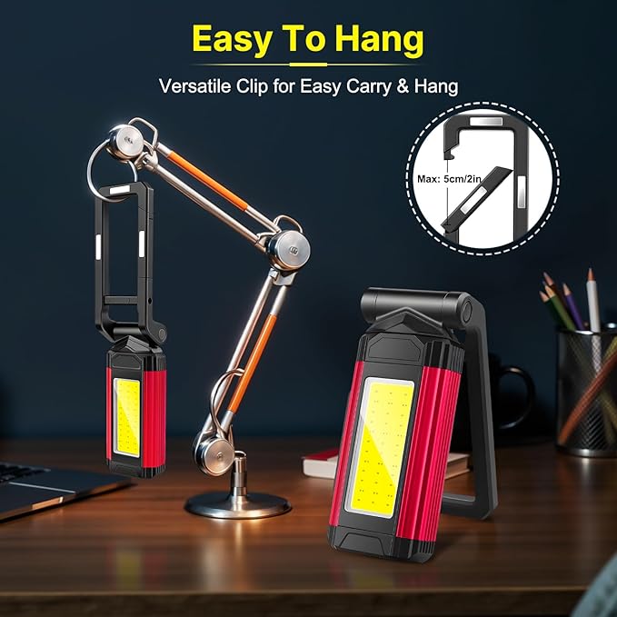 Rechargeable LED Work Light Magnetic Flashlight Portable 7 Flashlight Mode With Magnetizable Base Rotatable Stand 360° Infinitely Rotatable Type-C Charging for Camping,Car Reparing,Emergency Pack of 2