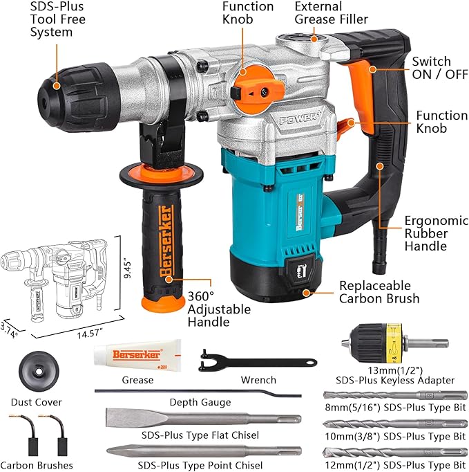 Berserker 1-1/8" SDS-Plus Rotary Hammer Drill with 1/2" SDS Plus Shank Keyless Chuck Adapter, 9 Amp 3 Functions Corded Rotomartillo for Fast Drilling in Concrete,Brick,Masonry,Metal,Wood