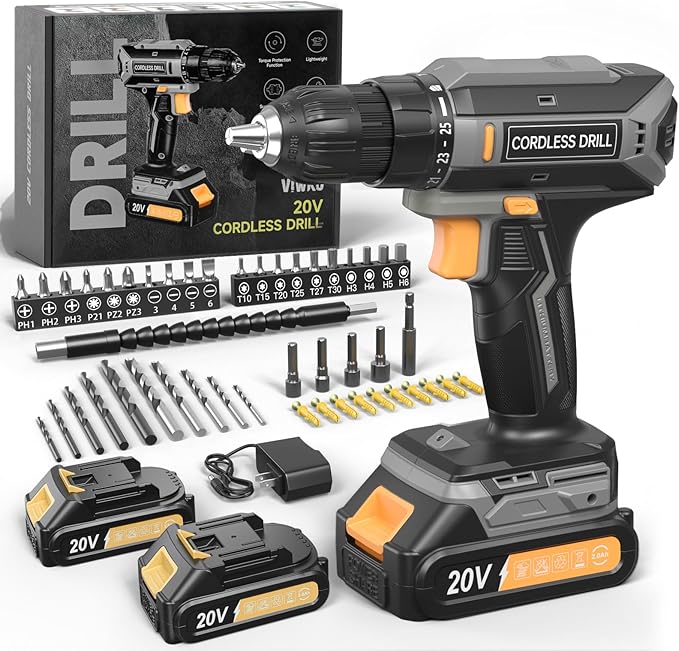 Cordless Drill, 20V MAX Power Drill Set with Dual Power Pack & Charger, 3/8 Inch Keyless Chuck, Variable Speed, 25+1 Position and 56PCS Bits/Screws, Power Tools for Home Projects