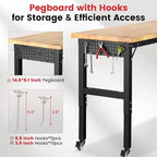 Workbench with Wheels 60 Inch Rubberwood Tabletop Garage Workbench Adjustable Height Work Bench with Pegboard, Power Outlets for Woodworking, Home, Office, Workshop