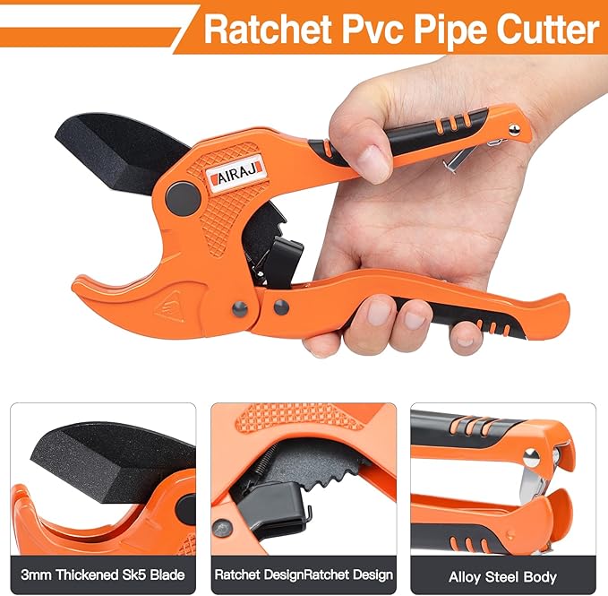 AIRAJ- PVC Pipe Cutter | Cuts up to 1-3/4" (1.75'') | Ratcheting PVC Cutter Tool | PEX Pipe Cutter | V Shaped SK5 Steel Blade | Suitable for PVC/CPVC/PP/PEX/PE Plastic Pipe Cutters