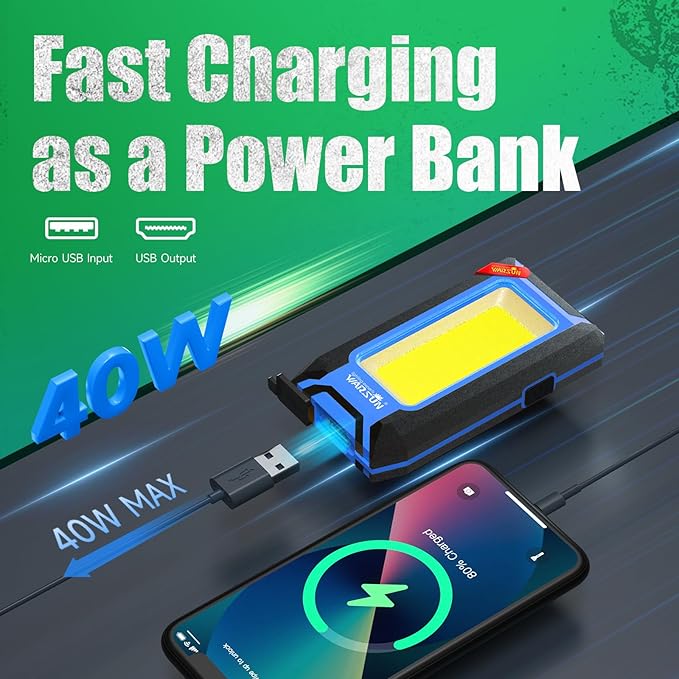 WARSUN LED Work Light Rechargeable, Magnetic COB Portable Worklights, 40w 1500 Lumens,Metal Hanging Hook 3 Lighting Modes, Job Site Lighting for Car Repairing,Camping,Hunting Repairing, Blue