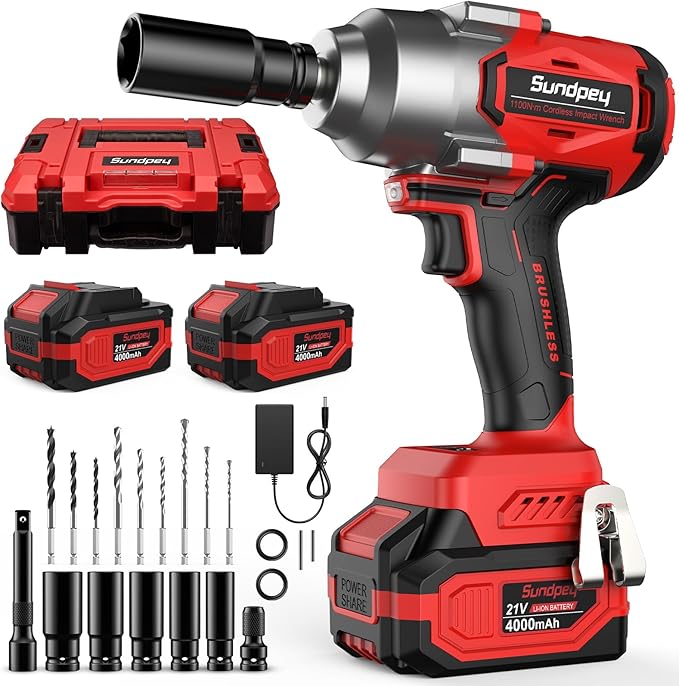 Sundpey Cordless Impact Wrench 812Ft-lbs - 1100N·m Brushless High Torque Impact Gun with 2 * 4.0Ah Battery - 21V Power Impact Driver with 5 Sockets & 9 Drill Bits & 1/2" Hexagonal Adapter for Car Home