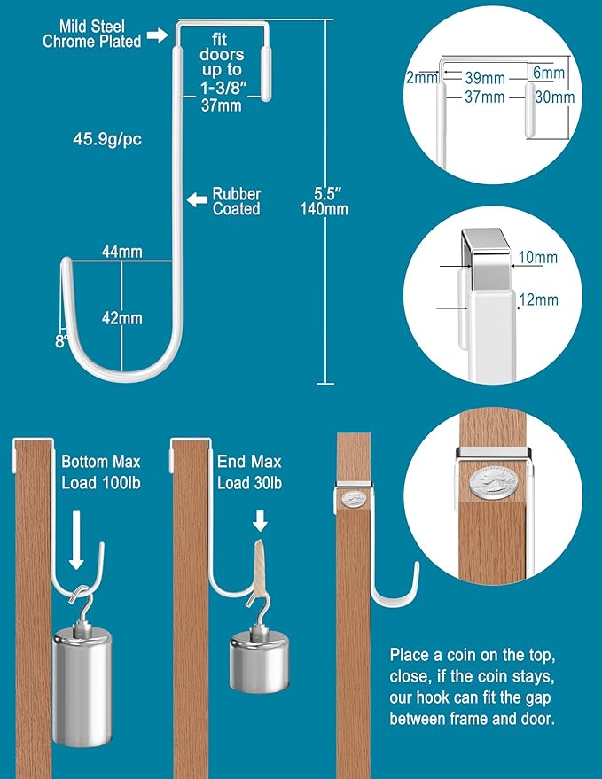 Over the Door Hooks 4Pcs L=5.5" Fit 1 3/8" Door Steel with White Rubber Coating Hanging Towel Robe Clothing Hanger for Bathroom Room Wreath Ironing Board Holder Cute Thin Single Heavy Duty