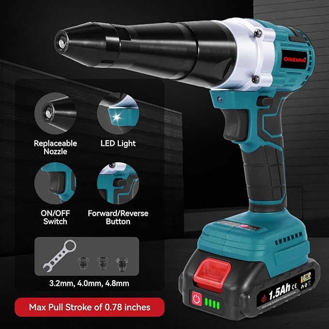 Cordless Rivet Gun with 2PCS Batteries and 1.2A Fast Charger, Brushless Electric Rivet Gun, 0.78" Stroke Length, Rivet Gun Kit for 1/8", 5/32", 3/16" Stainless & Aluminum Rivets