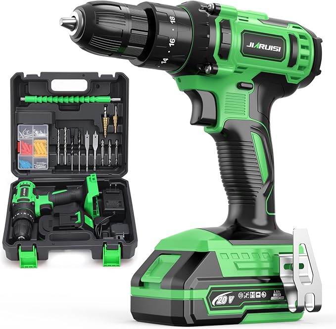 20V Cordless Drill, Electric Power Drill Set with Battery Charger, 3/8” Keyless Chuck, 2 Variable Speed, 18+3 Torque, 72pcs Driver Bits and Belt Hook, Green