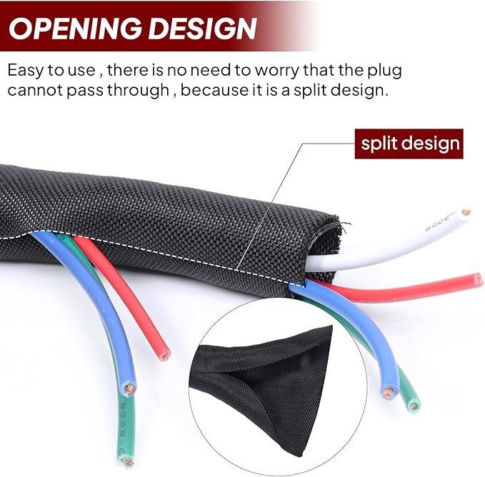 Black Braided Cable Management Sleeves Wire Loom Tubing Cord Protector Self-Wrapping (1"-15Feet)