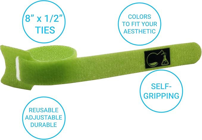 CableLock Cable Ties - 50 Pack - 8 Inch Reusable Cord Organizers - Clean Cable Management for Gaming and Home Office (Green)