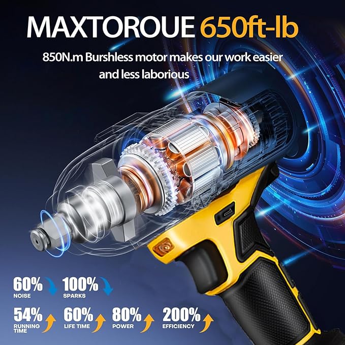 1/2 inch Cordless Impact Wrench,650Ft-lbs (800N.m) Brushless Power Impact Driver,3000RPM High Torque Impact Gun,2x 4.0 Battery, 5 Sockets,8 Drill,6 Screws for Home Car Tires Truck Mower