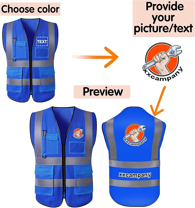 Custom Safety Vest for Men with Logo Pockets Personalized High Visibility Protective Workwear with Reflective Strip