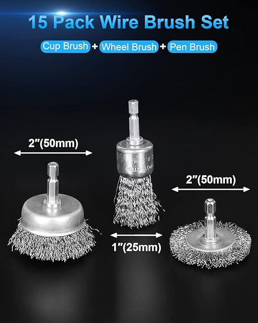 15 Pack Carbon Steel Wire Wheel Brush, Rocaris Cup Brush, Wheel Brush, Pen Brush Set with 1/4-Inch Hex Shank for Rust Removal, Corrosion and Scrub Surfaces