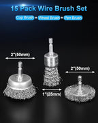 15 Pack Carbon Steel Wire Wheel Brush, Rocaris Cup Brush, Wheel Brush, Pen Brush Set with 1/4-Inch Hex Shank for Rust Removal, Corrosion and Scrub Surfaces