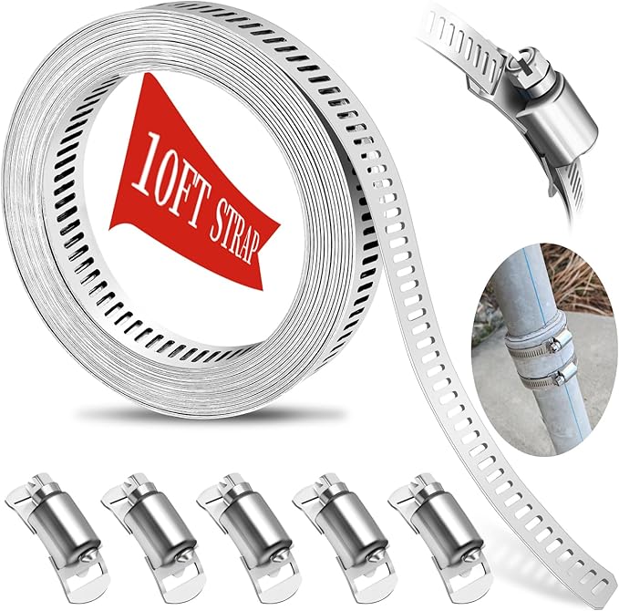 Hose Clamps 10FT Strap+5 Fasteners,DIY Cut-To-Fit 304 Stainless Steel Adjustable Large Worm Gear Band Clamp Assortment Kit,Metal Screw Fasteners and Strapping for Pipe,Duct,Pole,Tube