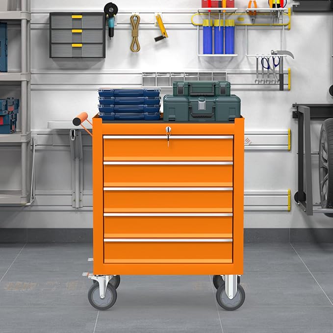 5 Drawers Large Capacity Tool Box, Metal Rolling Tool Chest with Wheels and Drawers, Tool Storage Cabinet with Keyed Locking, Tool Organizer Box for Garage, Workshop, Warehouse (Orange)