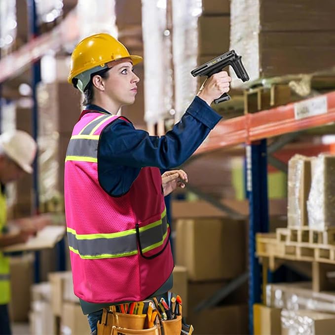 A-SAFETY High Vis Reflective Safety Vest for Men Women Zipper Ipad Pockets Mesh Construction Apparel Neon Vest for Work