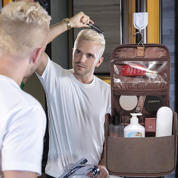 Hanging Toiletry Bag for Men VANCASE Vintage Leather Shaving Dopp Kit Medium Waterproof Travel Bathroom Bags Portable Shower Organizer