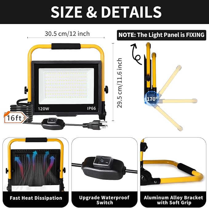 14400LM LED Work Light, 120W Flood Light with 16FT Cord & Switch, Portable Worklight with Stand, 5000K IP66 Waterproof Construction Lighting for Job Site Repairing Workshop Garage