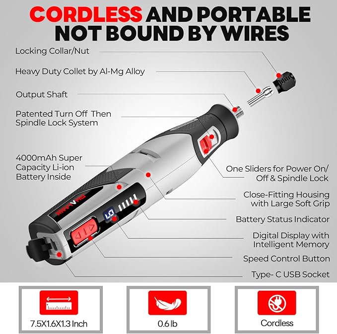 Rotary Tool - 4V Rotary Tool Cordless, PHALANX Rotary Tool Accessories 80 PCS 4000mAh Li-Ion Battery, Preset 9 Speed Adjustment Grinder Tool for Cutting Sanding Carving Polishing Engraver DIY Crafts