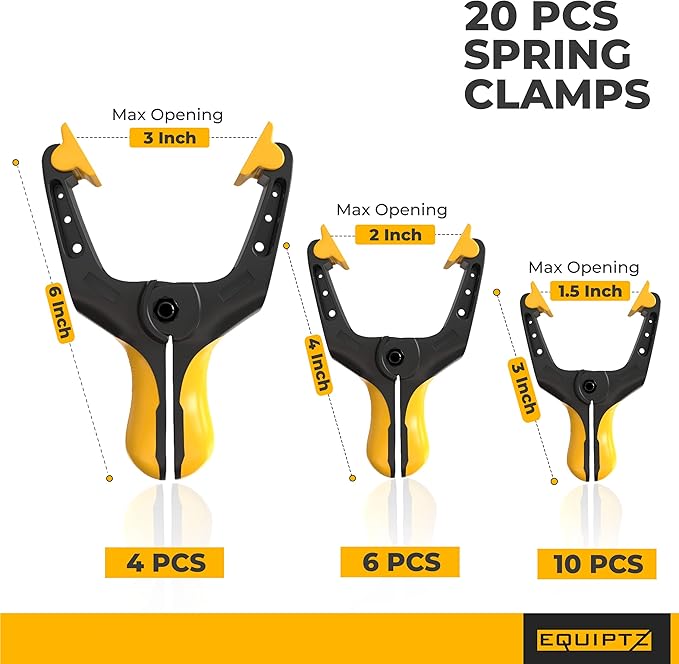 Spring Clamps for Woodworking, Crafts, Backdrop and Pool Cover, 20-Pack Spring Clamp Set with 4 Pcs of 6-inch, 6 Pcs of 4-inch & 10 Pcs of 3-inch Clamps, Extra Wide & Non-Detachable Jaw Pads