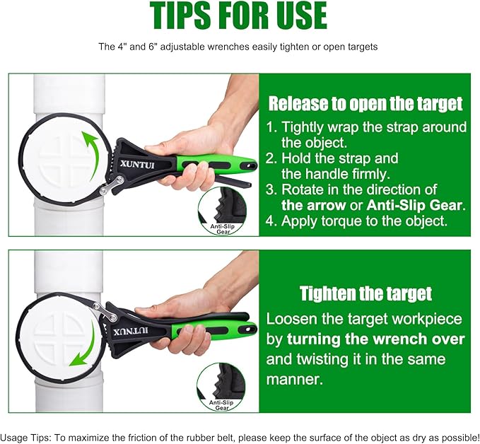 Strap Wrench Set with 6 Silicone straps - 2 Pack (4" & 6") for Oil Filters, Shower Heads & Tight Spaces - Plumbing Belt Wrench Kit