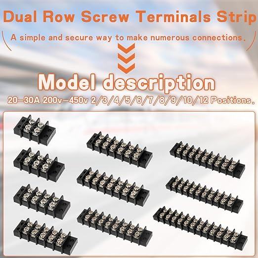 10 Circuits 10 Positions Terminal Block 20-30A 200-450V Dual Row Screw Terminals Strip with 60 PCS Heat Shrink Wire Fork Connectors(Pack of 3pcs)