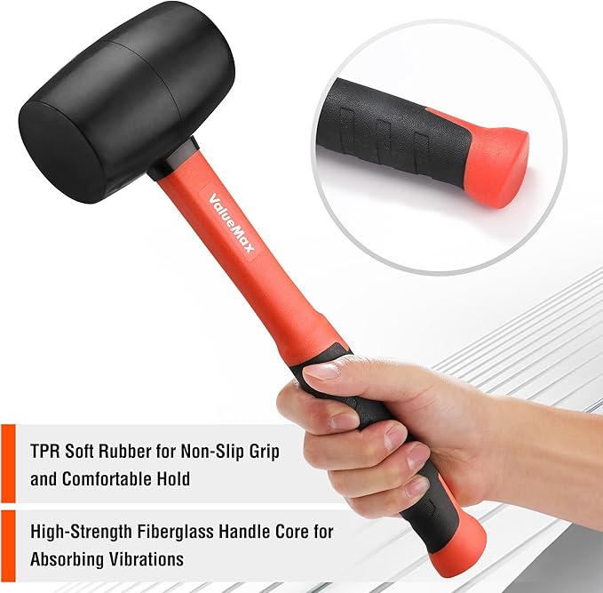 ValueMax 16oz Rubber Mallet Hammer, Fiberglass Handle, Double-Faced Soft Mallet, Soft Blow Tasks without Damage for Camping, Flooring, Tent Stakes, Woodworking
