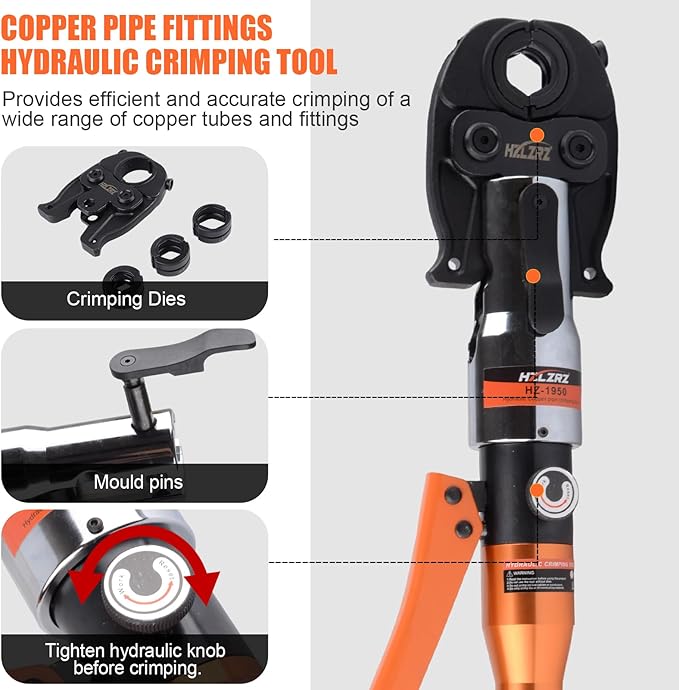 HZLZRZ ProPress Tool Copper Tube Fittings Hydraulic Copper Pipe Crimping Tool with 1/2,3/4 and 1 inch Jaws and Stainless Steel Pipe Cutter and Deburring Tool,Suit for Narrow Space and Tee Fittings