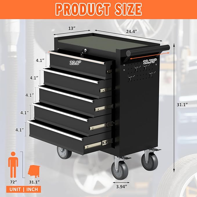 5-Drawer Rolling Tool Chest with Wheels, Metal Tool Box, Large Capacity Tool Storage Cabinet with Keyed Locking, Tool Organizer Box for Garage, Workshop, Warehouse -Black