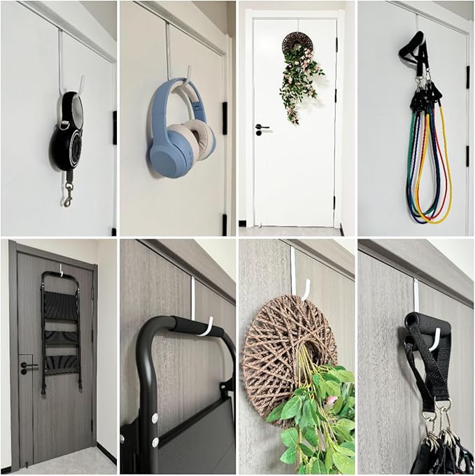 Over the Door Hooks 4Pcs L=5.5" Fit 1 3/8" Door Steel with White Rubber Coating Hanging Towel Robe Clothing Hanger for Bathroom Room Wreath Ironing Board Holder Cute Thin Single Heavy Duty