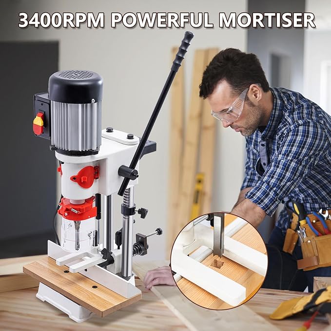 Benchtop Mortiser, 3400RPM 3/4HP Woodworking Mortising Machine with 1/4", 3/8", 1/2" Chisels Wooden Workbench, Benchtop Drill Press for Making Round Holes Square Holes Or Special Square Holes