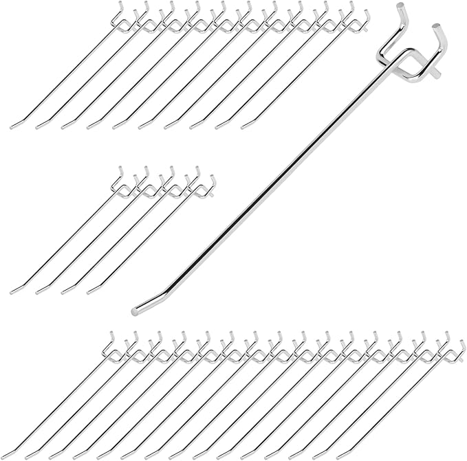 40Pcs 8" /200mm Stainless Steel Pegboard Display Hooks Bulk Set, Silver Garage Organization Peg Wall Hook Metal Slatwall Panel Hook Fit 1/8 and 1/4 Inch Pegboard for Retail