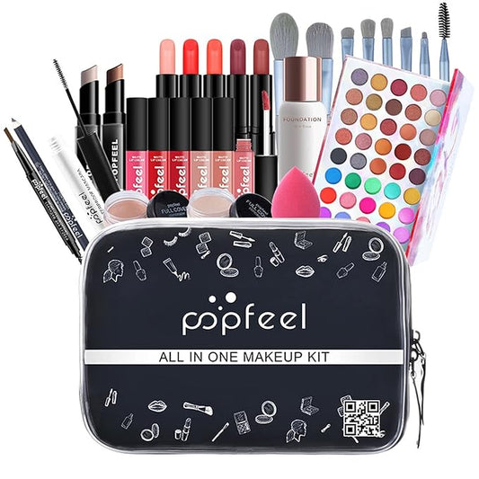 Makeup Kit for Women Full Kit, with Professional Make Up Bag Eyeshadow Red Lipstick, Powder Brush, Concealer, Glitter Lip Gloss, Waterproof Mascara, Eyebrow Pencil, Birthday Gift for Mom Sister-VeraVaultWomen