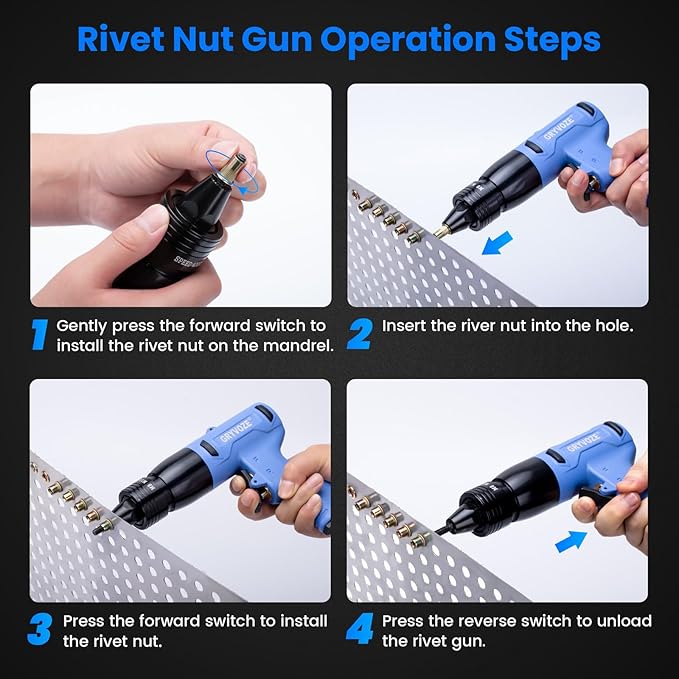 Pneumatic Rivet Nut Gun Kit with 11PCS 1/4 & 5/16 & 3/8 Mandrels, Industrial Grade Air Rivnut Tool Set with Self-Locking Head Gun, Air Riveter Nut Gun for Threaded Nutsert Insert Installation